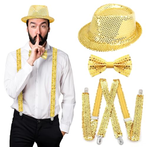 Disco Karneval Outfit Herren Accessories, Pailletten Hut Gold Set mit Glitzer Fliege und Hosenträger, Glitzer Outfit für Fasching Party,Jazz Dance Performence von Meleager