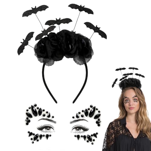 Meleager Fledermaus Haarreif und Strasssteine Gesicht Schwarz, Fledermaus Kopfschmuck Damen, Glitzersteine Gesicht, Fledermaus Kostüm Accessoires für Halloween Karneval Cosplay Musikkarneval von Meleager