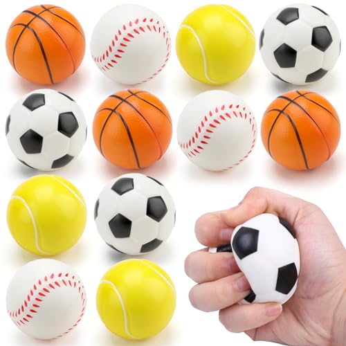 12 Stück Stressbälle, Mini Schaumstoffbälle, Schaum Antistressball, Sportbälle Klein, Fußball Basketball Tennis Baseball Stressbälle, Antistressball für Kinder und Erwachsene Fußball Party von Meleager