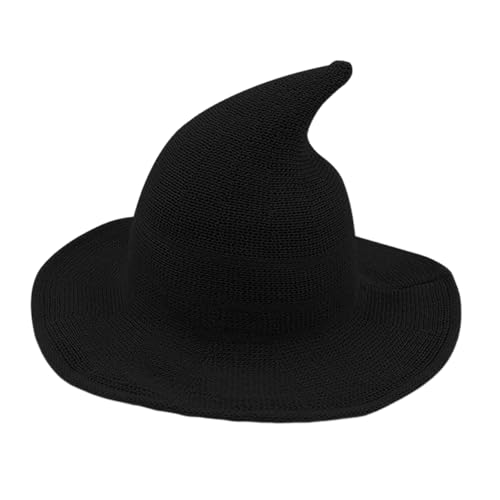 Meleager Hexenhut Damen, Witch Hat, Spitzes Hexen Hut Schwarz, Zauberhut Erwachsene, Breite Krempe Strickmütze als Hexe Kostüm Accessoire für Halloween, Karneval, Kostümpartys von Meleager