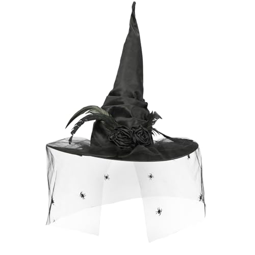 Meleager Hexenhut Damen, Witch Hat mit Schleier, Rosen und Federn, Spitzes Hexen Hut Schwarz, Zauberhut Erwachsene als Hexe Kostüm Accessoire für Halloween, Karneval, Kostümpartys von Meleager