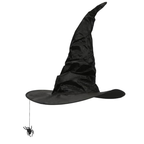 Meleager Hexenhut Damen, Witch Hat mit Spinne, Spitzes Hexen Hut Schwarz, Zauberhut Erwachsene für Halloween, Karneval, Kostümpartys von Meleager