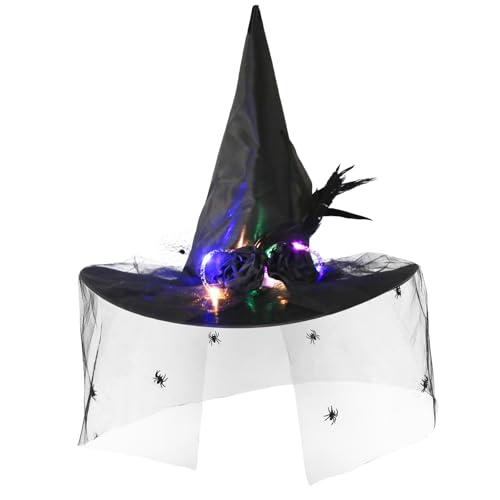 Meleager Hexenhut Damen Leuchtend, Witch Hat mit Schleier, Rosen und Federn, Spitzes Hexen Hut Schwarz, Zauberhut Erwachsene als Hexe Kostüm Accessoire für Halloween, Karneval, Kostümpartys von Meleager