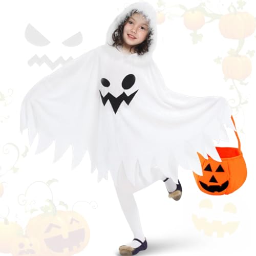 Meleager Kinderkostüm Geist mit Halloween Kürbis Candy Bag, Halloween Kostüm Kinder, Kinder Halloween Geist Umhang für Halloween, Karneval, Mottoparty von Meleager