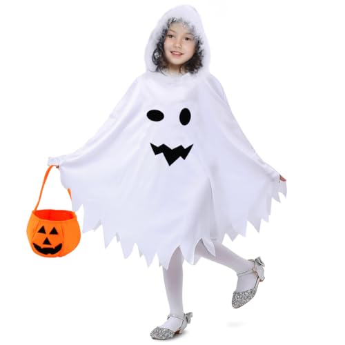 Meleager Kinderkostüm Geist mit Halloween Kürbis Candy Bag, Halloween Kostüm Kinder, Kinder Halloween Geist Umhang für Halloween, Karneval, Mottoparty von Meleager