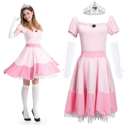 Meleager Prinzessin Kostüm Erwachsene, Rosa Prinzessin Kostüm Damen, Polyester Cosplay Abendkleid, mit Krone, Weiß Handschuhe, Weiß Socken, Größen L, für Halloween, Karneval, Mottopartys von Meleager