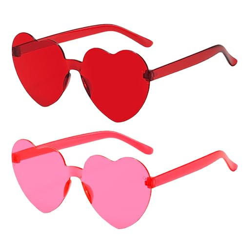 Meleager Randlose Herz Brille, Herzförmige Sonnenbrille Rosa e Rot, 2 Stück Sonnenbrillen Set Party, Vintage Herzform Brille, Hippie Brille Herz 90er, für Party, Hochzeit, Karneval, Halloween von Meleager