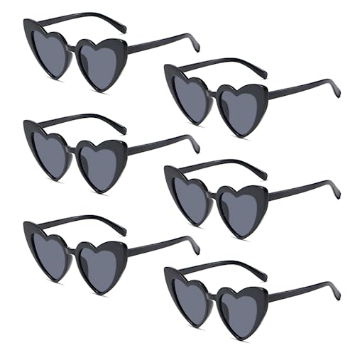 Meleager Retro Herz Sonnenbrille, Herzförmige Sonnenbrille Schwarz, 6 Stück Sonnenbrillen Set Party, Vintage Herzform Brille, Hippie Brille Herz 90er, für Party, Hochzeit, Karneval, Halloween von Meleager