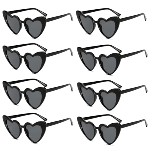 Meleager Retro Herz Sonnenbrille, Herzförmige Sonnenbrille Schwarz, 8 Stück Sonnenbrillen Set Party, Vintage Herzform Brille, Hippie Brille Herz 90er, für Party, Hochzeit, Karneval, Halloween von Meleager