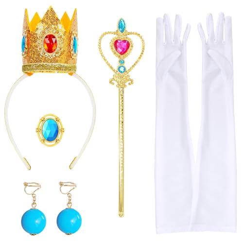 Prinzessin Kostüm Zubehör, 5 Stück Prinzessin Zubehör Set mit Prinzessinen Krone, Weiße Satin Prinzessinnenhandschuhe, Brosche, Ohrringe, Zauberstab, für Frauen Mädchen Karneval Halloween Cosplay von Meleager