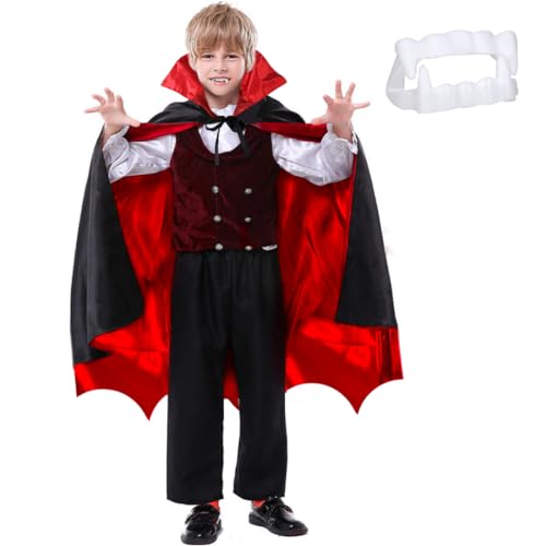 Vampir Kostüm Kinder, Halloween Umhang und Vampirzähne, Teufel Kostüm Jungen, Mädchen, Dracula Cape und Vampir Zähne für Halloween, Mardi Gras Party von Meleager