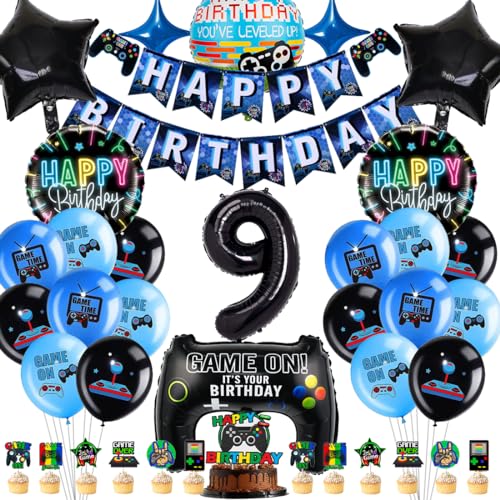 Videospiel Geburtstagsdeko 9 Jahre, Geburtstag 9. Junge Spiel,Gamer Party geburtstag Deko Set, XXL Gaming Controller Folienballons Set mit Banner Cake Topper，für Junge Geburtstag Spielthemen Party von Meleager