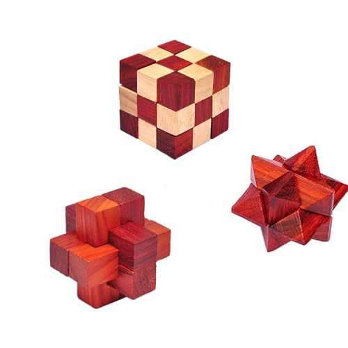 Melearch 3 Stück 3D Mini Holzpuzzles, Geschicklichkeitsspiel, Knobelspiele Logikspiel im Holzrahmen, IQ Denkspiele, Geduldspiel für Erwachsene und Kinder, Geschenkbox aus Massivholz von Melearch