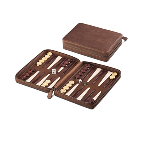 Melia Games B-Ware Backgammon Deluxe - Reise-Backgammon aus feinstem Vintage Echt-Leder mit handgefertigten Holzspielsteinen - OPTISCHE MÄNGEL von Melia Games