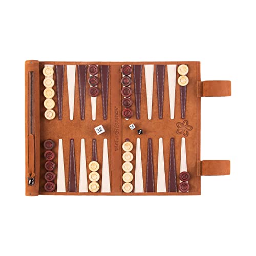 Melia Games Backgammon zum Rollen - Reise-Backgammon aus feinstem Nubuk Echt-Leder mit handgefertigten Holzspielsteinen (Whiskey) von Melia Games