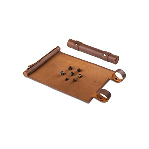 Melia Games RPG Würfelmatte zum Rollen inklusive Würfel Set - handgefertigte Würfelunterlage aus Echt-Leder - Pen and Paper Matte mit Würfelfach - für Fantasy-Rollenspiele (Tobacco + Bronze Set) von Melia Games