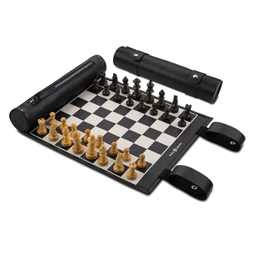 Melia Games Schach zum Rollen - Magnetisches Reise-Schach aus feinstem Echt-Leder mit handgefertigten Schachfiguren aus Holz (Black & White) von Melia Games