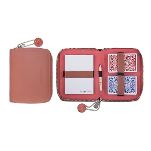 Melia Games Spielkarten Set Deluxe - Premium Karten-Etui aus feinstem Leder - komplettes Set inklusive 2 Spielkartendecks, Notizblock und Bleistift (Designer Edition - Coral Red) von Melia Games