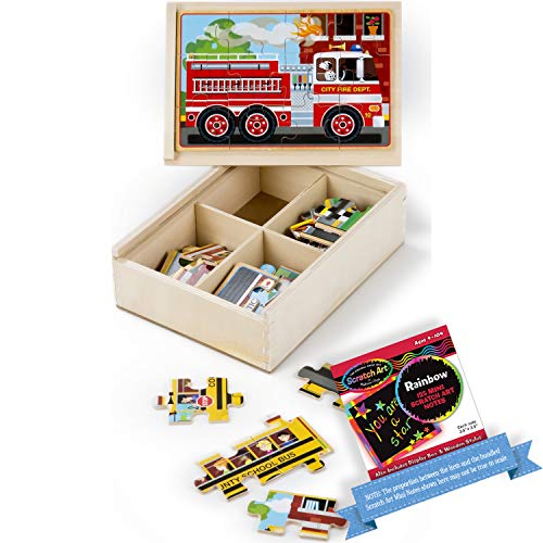 Fahrzeuge – Puzzles in einer Box Bundle mit 1 Themenkompatibles M&D Scratch Art Mini-Pad (03794) von Melissa & Doug