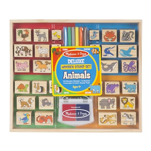 Melissa & Doug Deluxe-Stempelset aus Holz: Tiere - 30 Stempel, 6 Markierstifte, 2 Stempelkissen, Kinder-Bastelprojekte, Holzstempel mit abwaschbarer Tinte, Tierstempel aus Holz für Kinder ab 4 Jahren von Melissa & Doug