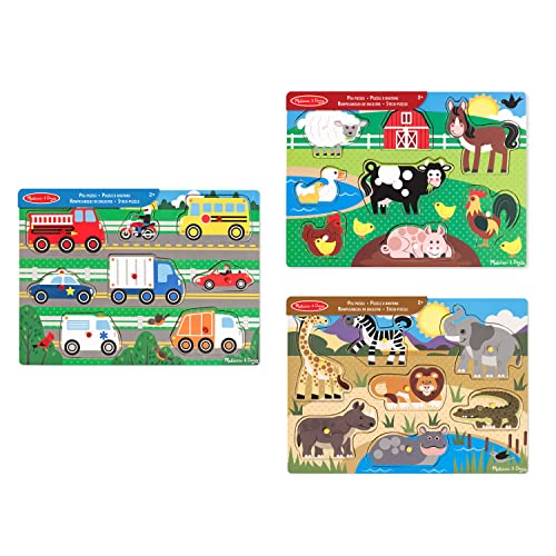Melissa & Doug | Pack mit 3 | Steckpuzzles aus Holz – Bauernhoftiere, Safari und Fahrzeuge. von Melissa & Doug