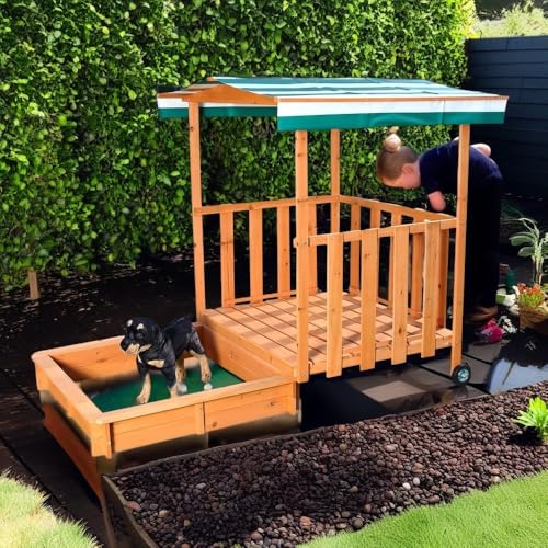 Melko Sandkasten mit Spielveranda, Abdeckung und Sonnenschutz für Kinder, aus Holz, 182 x 100 x 140, Sandbox mit Geländer, Dach grün weiß von Melko