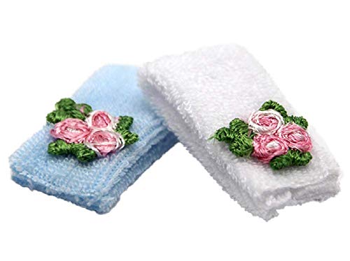 Melody Jane Puppenhaus 2 Weiß& Blau Hand Handtücher mit Blumen Miniatur Badezimmer Zubehör von Melody Jane