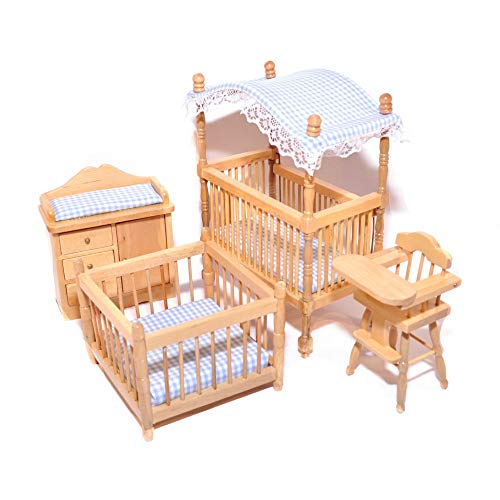 Melody Jane Puppenhaus Eiche Hell Blau Gingham Kinderzimmer Möbel Miniatur Baby Junge Zimmer Set von Melody Jane