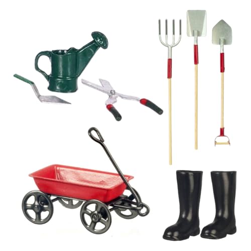 Mini-Feengarten-Zubehör-Set 1:12, Mini-Metall-Schaufel, Wasserkocher, Wagen, Gartenbewässerung, Mikro-Landschafts-Ornamente, Puppenhaus-Zubehör, 9-teilig von Melody Jane