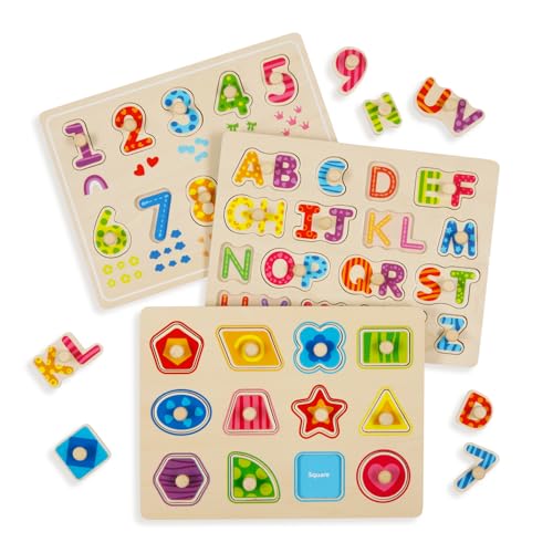 3 Holzpuzzle ab 1 2 3 Jahr, Montessori Kinder Spielzeug Holzspielzeug, Steckpuzzle Holz ab 1 Jahr, Puzzle Lernspielzeug Geschenke für Mädchen and Jungen (Zahlen, Formen und Buchstaben) von Melofaver