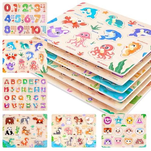 6PCS Kinder Holzpuzzle Spielzeug ab 3 Jahre, Montessori Spielzeug Puzzle ab 3 4 5 Jahre, Kinderspielzeug Steckpuzzle - Lernen Alphabet, Zahlen, Formen, Tiere, Lernspiele Geschenke für Jungen Mädchen von Melofaver