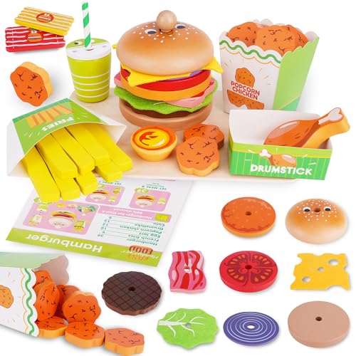 Kinderküche Zubehör Spielküche Spielzeug ab 3 Jahre, Holzspielzeug Fast Food Set Matschküche Zubehör mit Burger, Pommes, Drumsticks, Cola, Kinder Spielzeug Geschenk für Jungen Mädchen Kinderküche Zubehör Spielküche Spielzeug ab 3 Jahre, Holzspielzeug Fast Food Set Matschküche Zubehör mit Burger, Pommes, Drumsticks, Cola, Kinder Spielzeug Geschenk für Jungen Mädchen von Melofaver