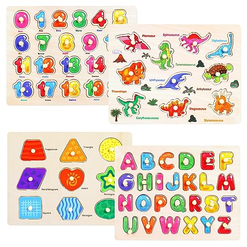 Montessori Holzspielzeug Holzpuzzle Spielzeug ab 3 4 5 Jahre, 4pcs Kinderspielzeug Puzzle Steckpuzzle Spiele Alphabet|Form|Nummer|Dinosaurier, Kinder Lernspiele Steckspiel Geschenk für Mädchen Junge von Melofaver