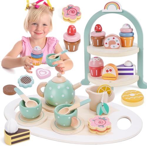 Tee Set Kinder Holzspielzeug, Teeservice Kinder mit Dessert, Kinderküche Zubehör, Spielküche Zubehör Teeset Kinderspielzeug, Kindergeschirr Set Geschenk für Kinder Mädchen 3 4 5 6 7 Jahre von Melofaver