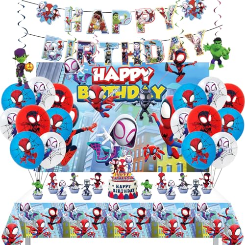 Geburtstagsdeko Spider, Deko Geburstag Kinder, Spider Superfreunde Geburtstag Set Jungen, Luftballon Set mit Tischdecke und Hintergrundtuch, Birthday Dekorations für Themenpartys von Menelos