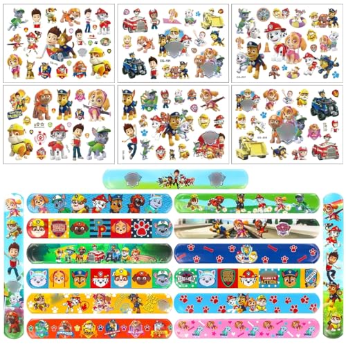 Schnapparmband Kinder und Hund Patrol Sticker, Mitgebsel Kindergeburtstag, 15 Stück Slap Armband mit 6pcs Dog Patrol Tattoo Aufkleber für Jungen Mädchen als Mitbringsel Geburtstag Gastgeschenke von Menelos