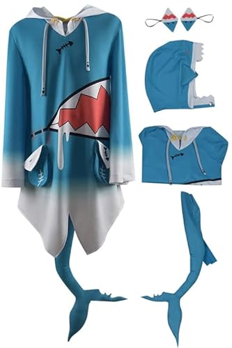 MengXin Gawr Gura Cosplay-Kostüm, Hai-Hoodie-Jacke, Outfit mit Fischschwanz, Halloween-Anzug, personalisierbar (XS, Blau) von MengXin