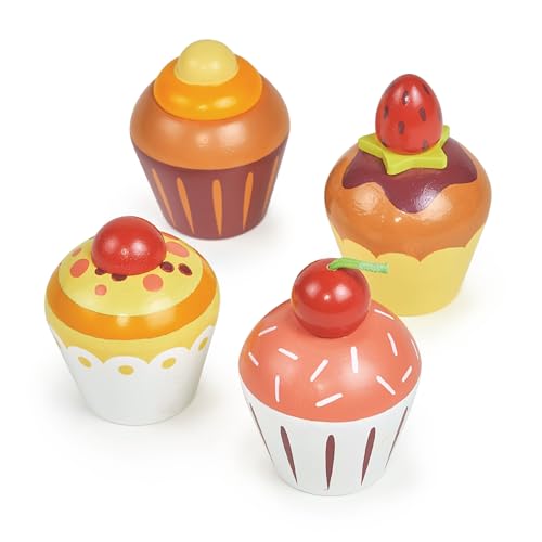 Mentari Cupcake-Spielküchenzubehör – Erfreuen Sie sich an Spielzeugnahrung mit vier verschiedenen Cupcake-Designs, einschließlich bunten Schichten und süßen Belägen von Mentari