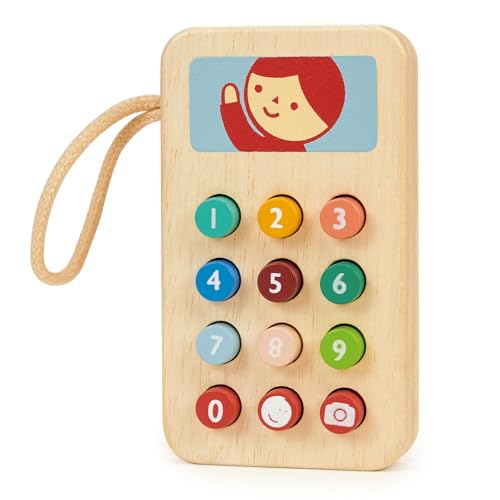 mentari Pretend Handy mit Quetschknöpfen und illustriertem Bild, 11 cm Höhe, Holz, fantasievolles Spielspielzeug von Mentari