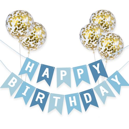 Meowoo Banner Happy Birthday Girlande mit 5 Goldenen Latexballons, Geburtstag Deko Zubehör Party Dekoration Banner und Ballon Set Geeignet für alle Altersgruppen (Dunkel- und Hellblau) von Meowoo