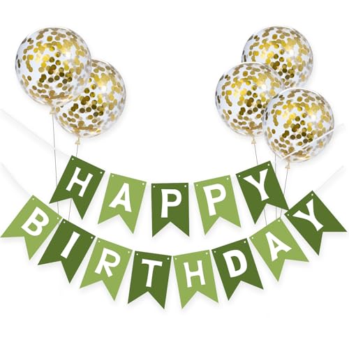 Meowoo Banner Happy Birthday Girlande mit 5 Goldenen Latexballons, Geburtstag Deko Zubehör Party Dekoration Banner und Ballon Set Geeignet für alle Altersgruppen (Dunkel- und Hellgrün) von Meowoo