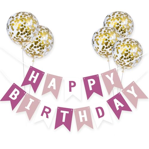 Meowoo Banner Happy Birthday Girlande mit 5 Goldenen Latexballons, Geburtstag Deko Zubehör Party Dekoration Banner und Ballon Set Geeignet für alle Altersgruppen (Dunkel- und Hellrosa) von Meowoo