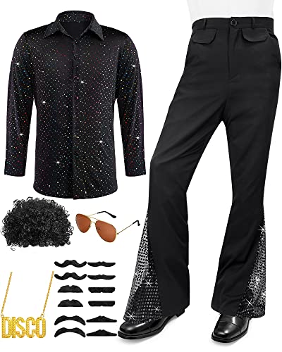 Mepase 70er Jahre Disco Outfit Kostüm Glockenunterteil Hosen Hemden Perücken Halskette Schnurrbart Sonnenbrille, Schwarz, Medium von Mepase