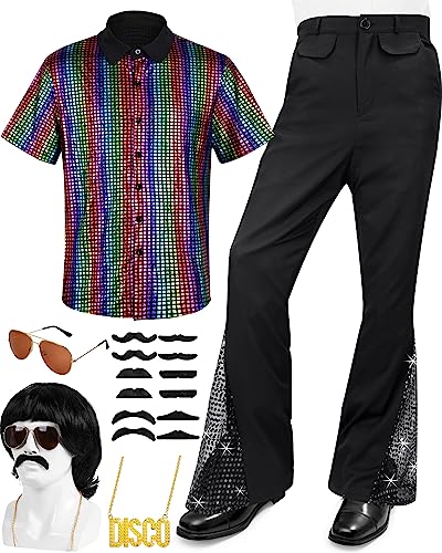 Herren 70er Jahre Disco Outfit Kostüm Retro 80er Jahre Glockenunterteil Hose Kurzarm Hemden Perücken Halskette Schnurrbart Sonnenbrille (3XL, Vintage) von Mepase