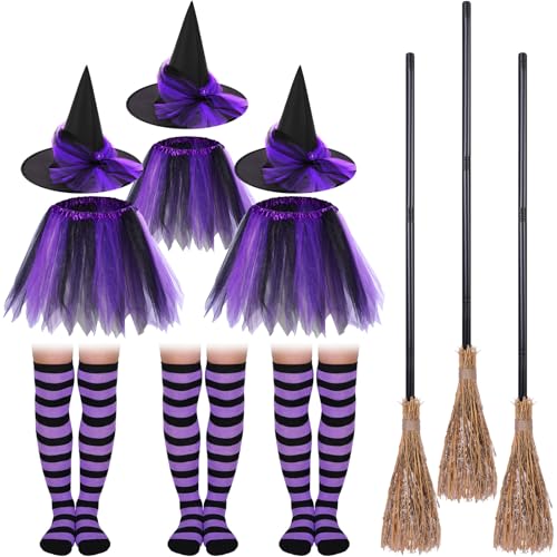 Mepase 12-teiliges Halloween-Hexen-Tutu-Outfit-Set für Damen, inklusive Tutu-Hut, gestreifte Oberschenkelhohe Socken, Hexenbesen, Hexenkostüm (lila) von Mepase