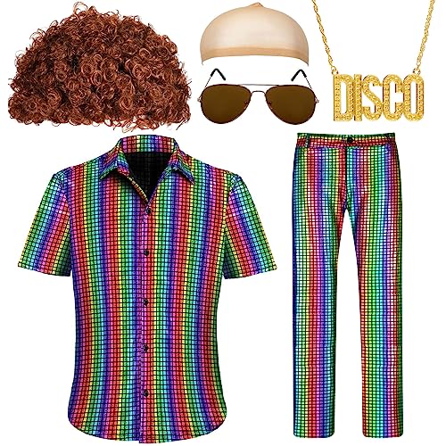 Mepase 6 Stück 70er Jahre Disco Outfits für Herren Metallic Pailletten Hemd Hose Sonnenbrille Halskette Halloween Kostüm Zubehör, Mehrfarbig, L von Mepase