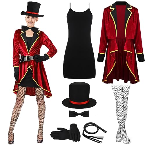 Mepase 7-teiliges Zirkus-Ringmaster-Kostüm für Damen, inklusive Frack, Jacke, Kleid, Hut, Handschuhe, Fliege, Peitsche, Netzstrumpf für Halloween, Größe M, SHE-MEPASE-1146, Wie Abgebildet von Mepase