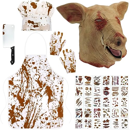 Mepase Halloween Blutige Metzger Kostüme Gruseliges Set mit Schweinekopf Maske Handschuhe Kochen Koch Schürze Hut Messer Tattoo Aufkleber Koch Kostüm für Erwachsene Männer Halloween Cosplay, In von Mepase