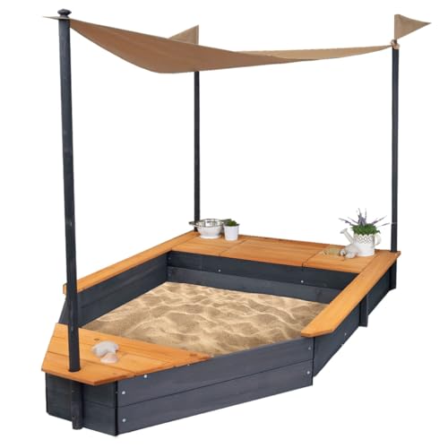 Meppi Sandkasten Boot Usedom anthrazit/Teak - Sandkiste aus Holz - Schiff - Sandbox für Kinder mit Sonnensegel von Meppi