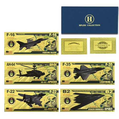 USAF F-16, F-35, F-22 Fighter Jet Goldene Banknoten B2 AH64 Militär-Plastikkartensammlung mit Zertifikat, Geschenke, 5-teiliges Set USAF F-16, F-35, F-22 Fighter Jet Goldene Banknoten B2 AH64 Militär-Plastikkartensammlung mit Zertifikat, Geschenke, 5-teiliges Set von Mercollection